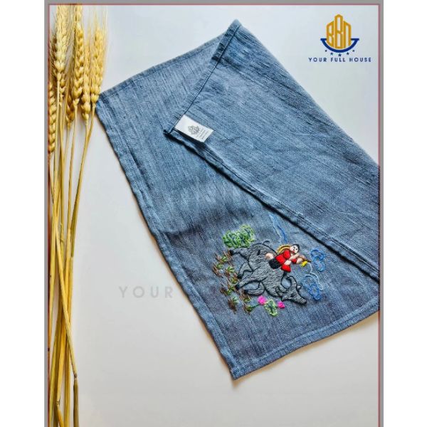 Khăn thêu tay hình mục đồng chăn trâu thổi sáo